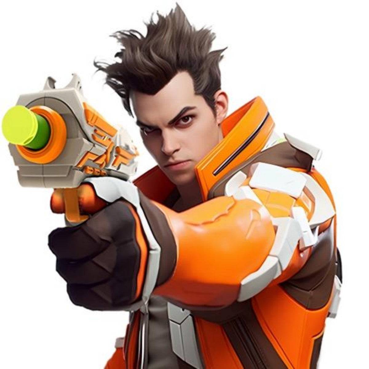 Animated male character wielding the FJ9001 Soft Foam Dart Blaster Toy Gun in orange, dressed in futuristic armor, emphasizing action-packed gameplay and precision shooting.