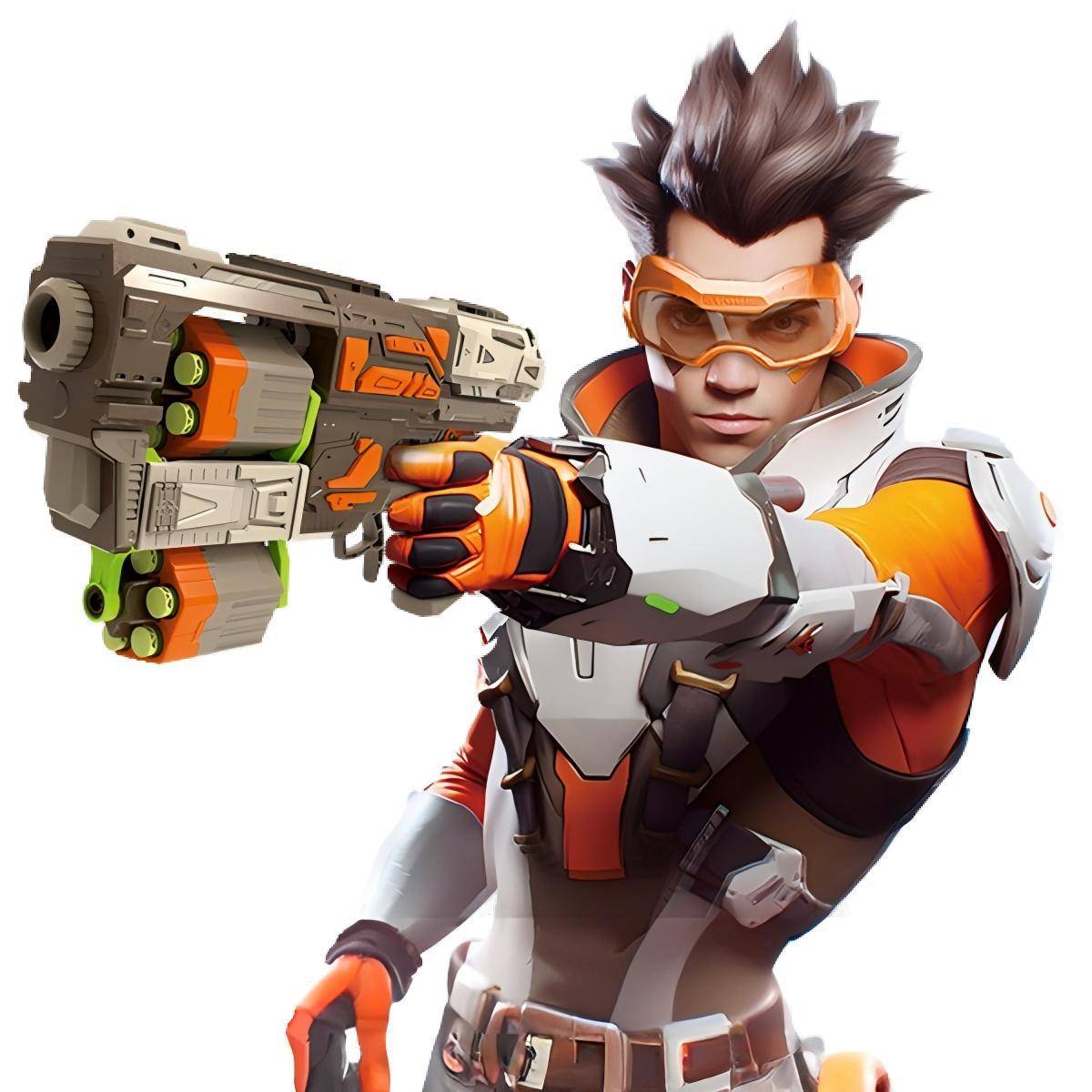 Futuristic character holding the FJ9008 Soft Foam Dart Blaster Toy Gun, emphasizing its action-packed design and dual ammo barrel system.