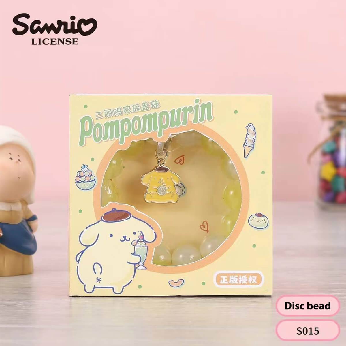 S015 Sanrio Cute Anime Beaded Bracelet featuring Pompompurin in a yellow-themed packaging with an adorable character charm and smooth beads.