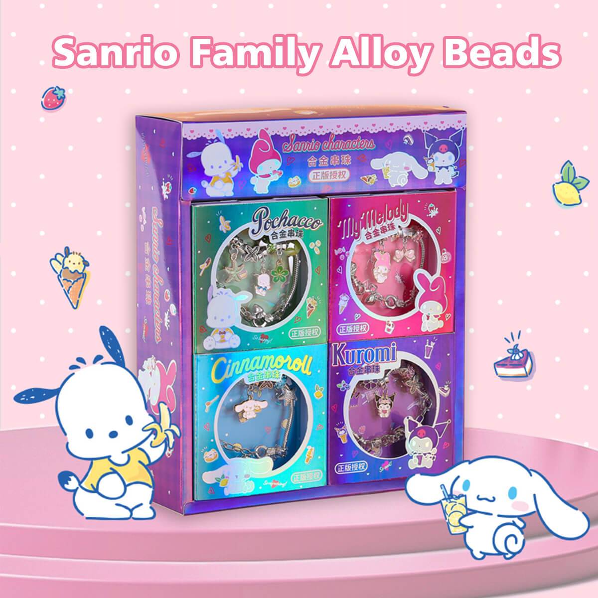 Sanrio Family Alloy Beads collection featuring Cinnamoroll, My Melody, Pochacco, and Kuromi bracelets in a decorative gift box.