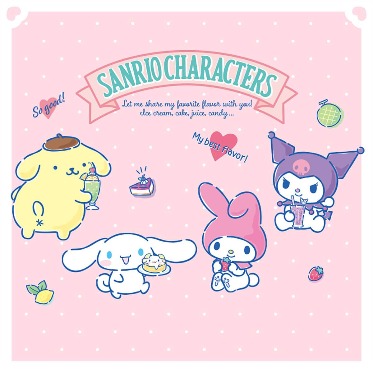 Illustration of Sanrio characters including Cinnamoroll, My Melody, Kuromi, and Pompompurin enjoying desserts and drinks.