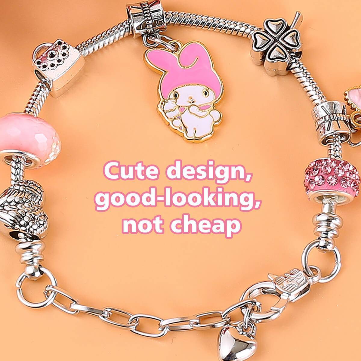 Close-up of the S073 Sanrio Cute Anime Alloy Charm Bracelet with My Melody charm. Elegant design with pink and silver alloy beads.