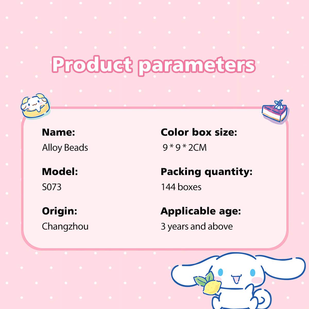 Product parameters for S073 Sanrio Cute Anime Alloy Charm Bracelet, including material, size, origin, and applicable age details.