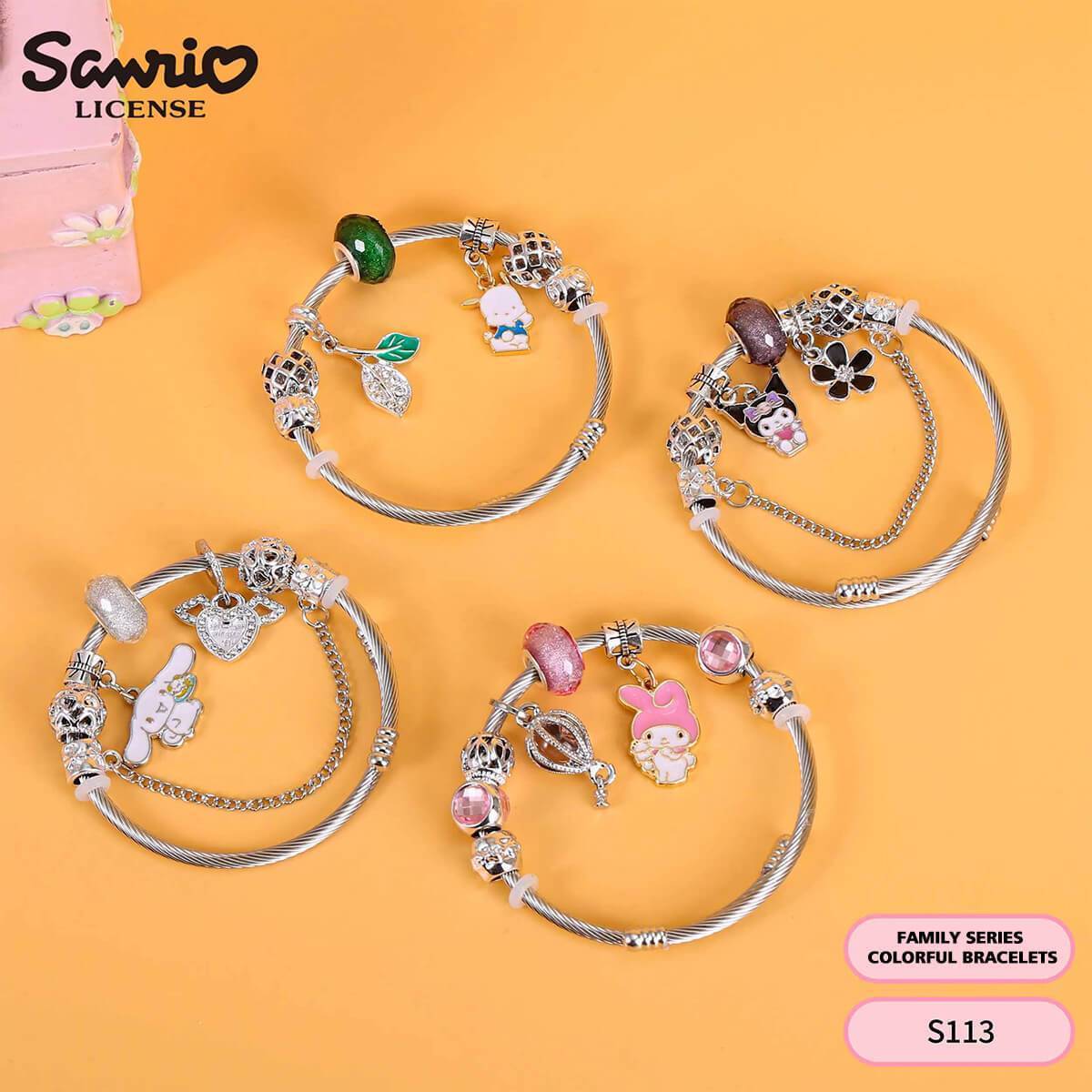Set of four S113 Sanrio Cute Anime Alloy Charm Bracelets with various character-themed charms. Perfect for teens and anime enthusiasts.