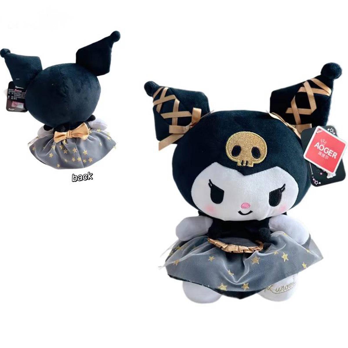 Front and back views of the Sanrio Black Gold Series Kuromi Plush Toy 23cm, showcasing its detailed gold ribbon accents and embroidered features.