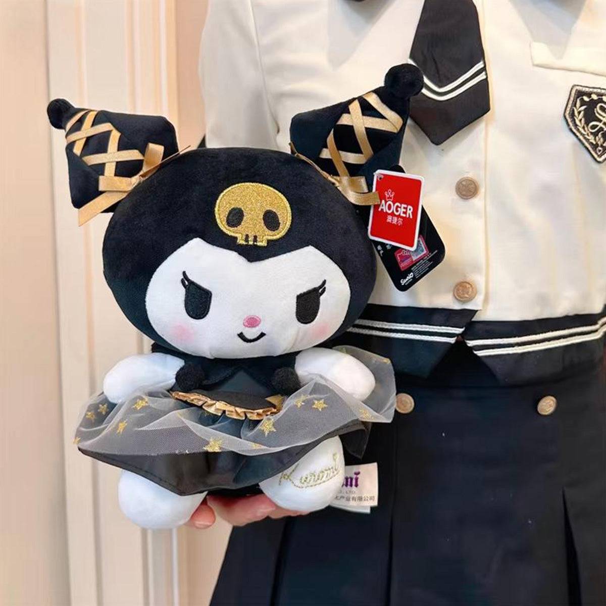 Person holding the Sanrio Black Gold Series Kuromi Plush Toy 23cm, highlighting its soft texture, elegant design, and collectible appeal.