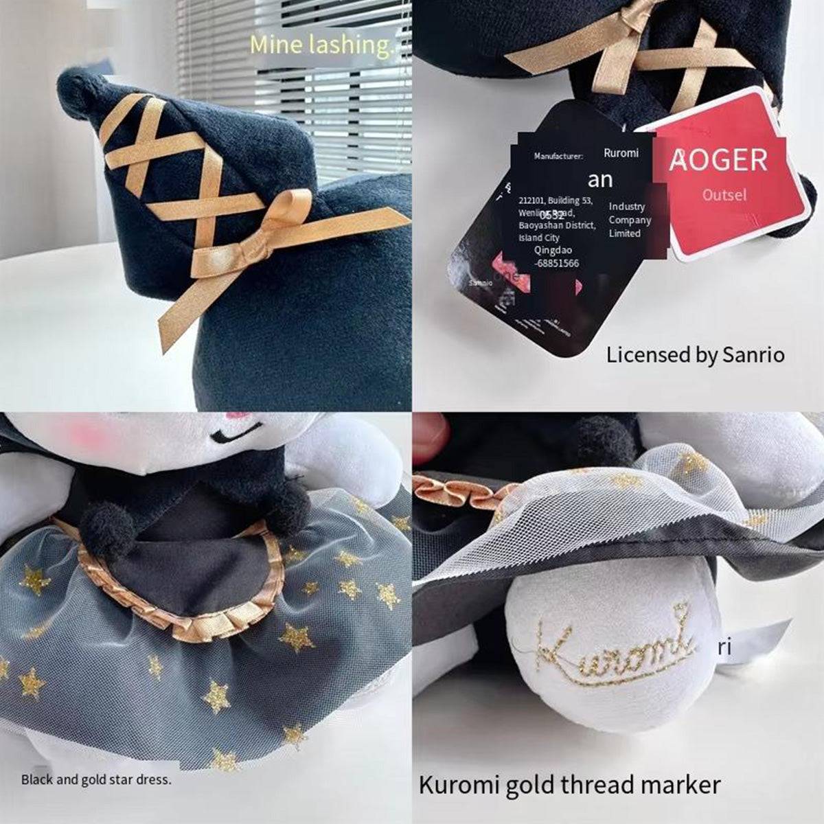 Close-up details of the Sanrio Black Gold Series Kuromi Plush Toy, showcasing gold embroidery, star-patterned skirt, and official licensing tags.