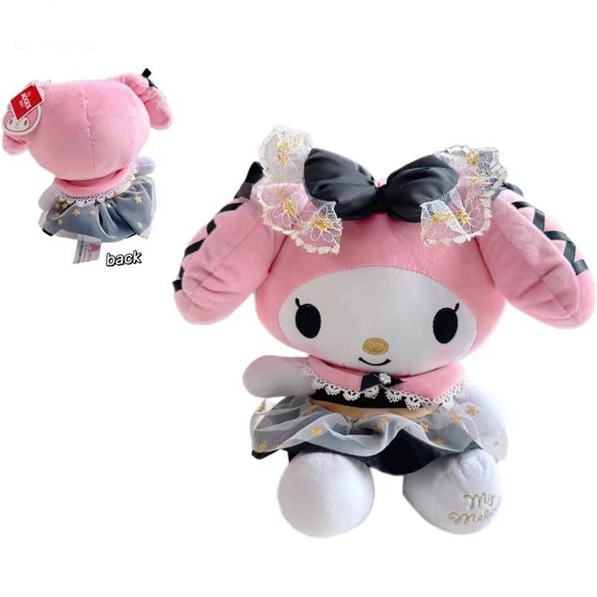Front and back view of Sanrio Black Gold Series My Melody plush toy, showcasing its elegant dress, lace, and ribbon details. A perfect plush gift.