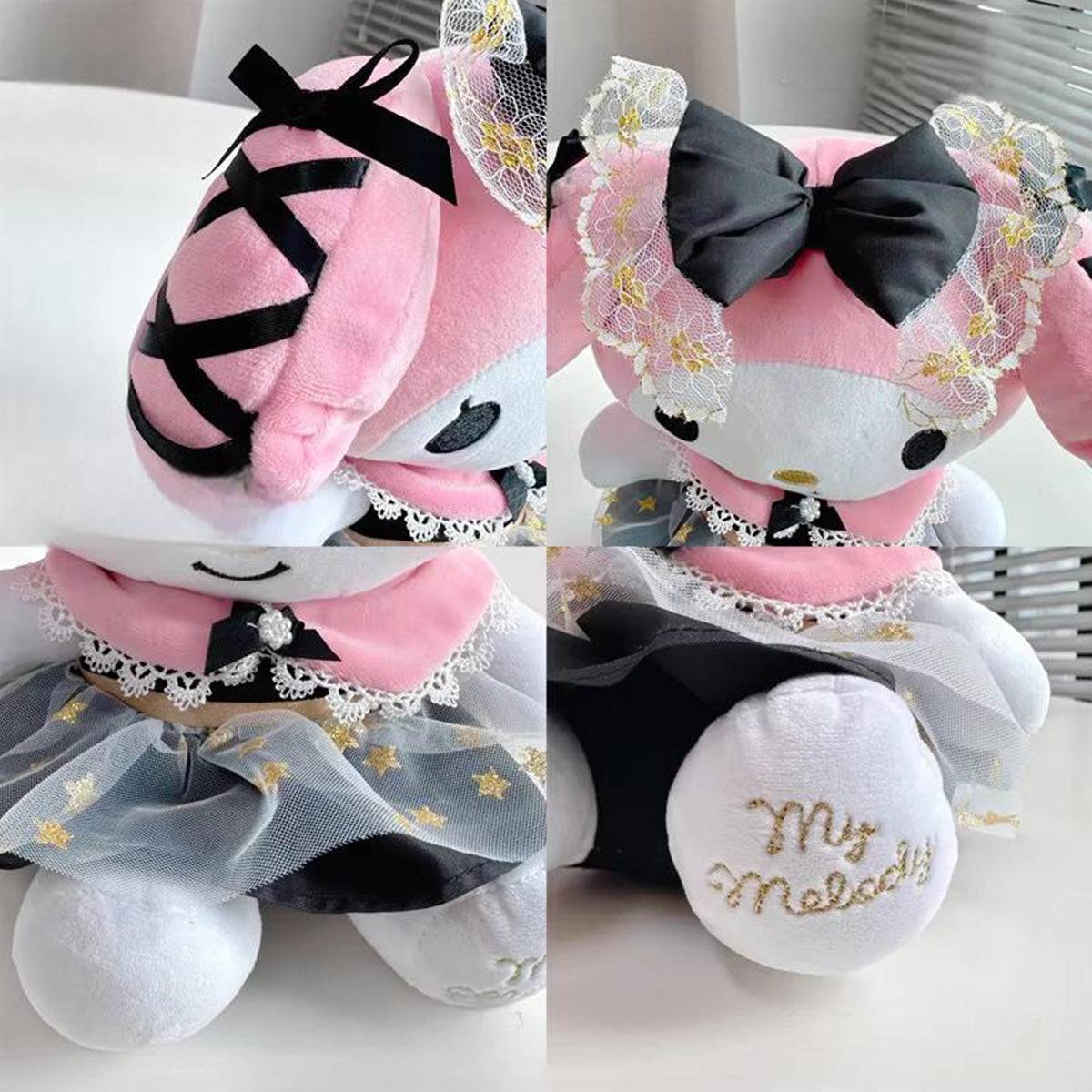 Close-up of Sanrio My Melody plush toy showcasing intricate lace, ribbon details, and embroidered 'My Melody' text. A must-have for plush lovers.