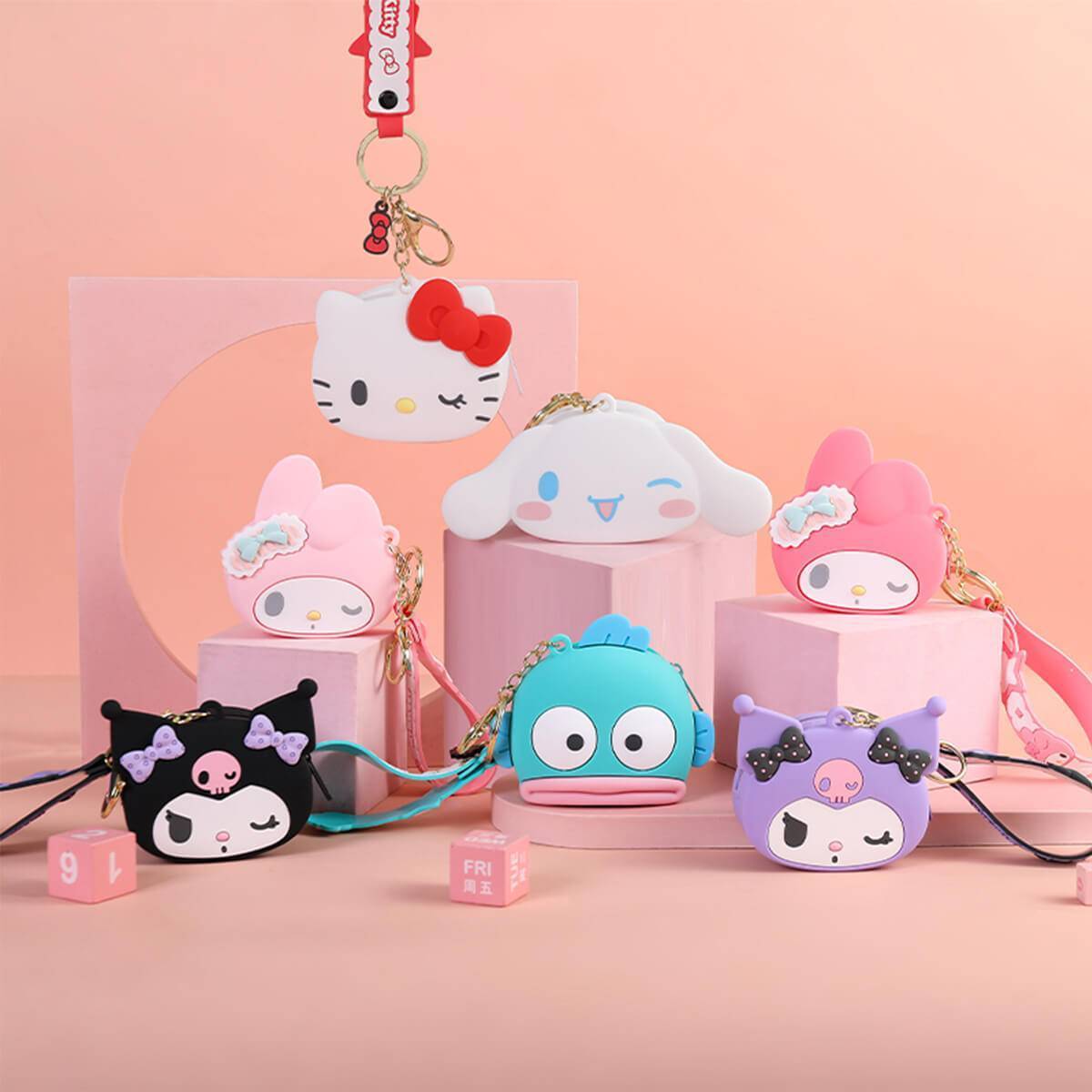 Collection of Sanrio Cartoon Silicone Coin Purse Keychains featuring various characters. A cute and practical accessory set for fans and kids.