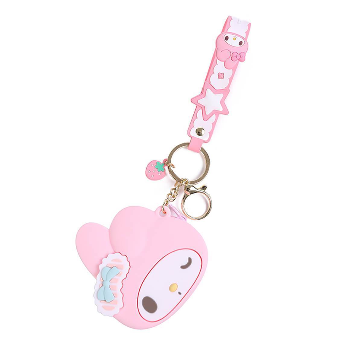 Light pink My Melody Sanrio Cartoon Silicone Coin Purse Keychain with a matching strap and keyring. A charming and functional accessory for fans.
