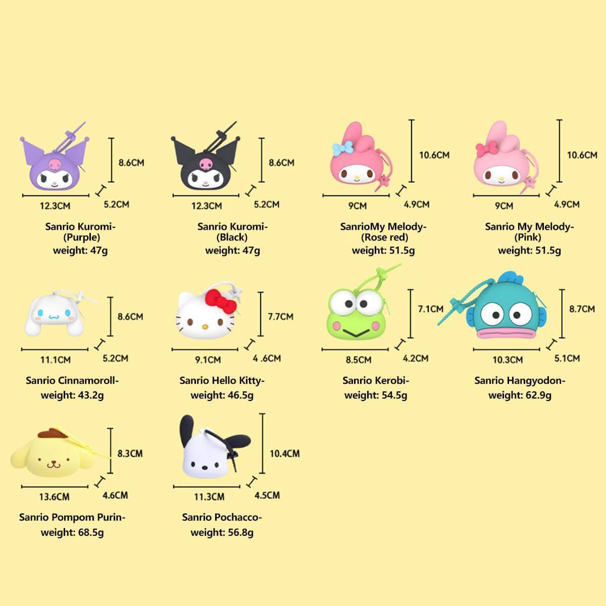 Size chart of Sanrio character silicone coin purses with weight details. A helpful guide for selecting the perfect cute and durable accessory.