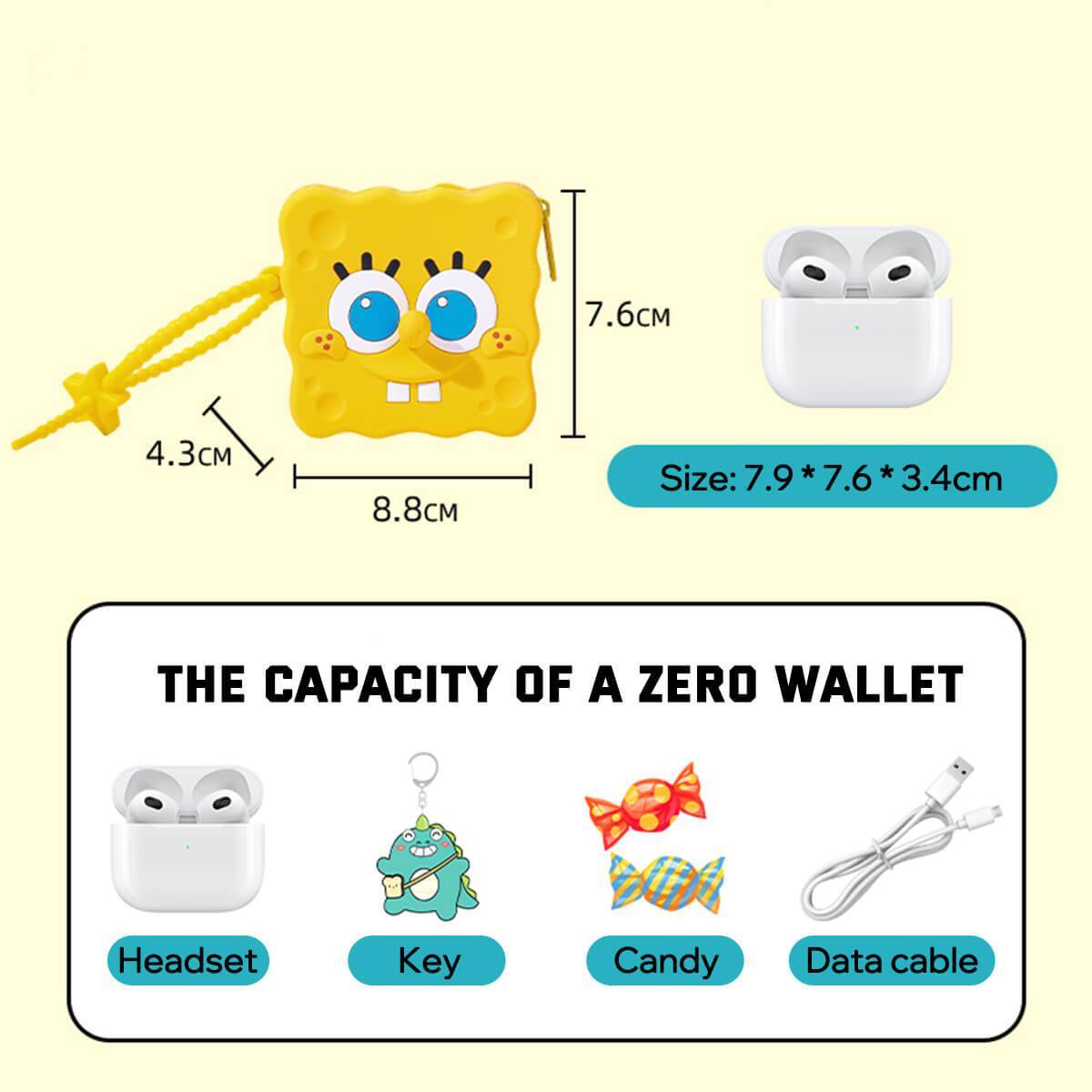 SpongeBob SquarePants silicone coin purse with dimensions and storage capacity details. Ideal for carrying keys, candy, and small accessories.
