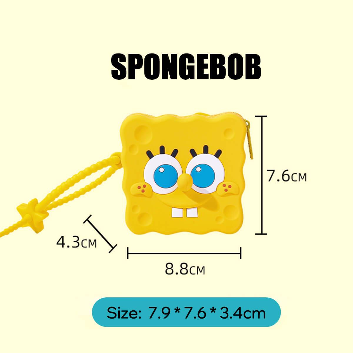 SpongeBob SquarePants silicone coin purse with size dimensions. A compact and fun accessory for storing small items like keys and candy.