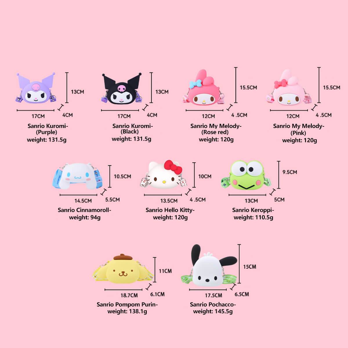 Size chart displaying dimensions and weights of various Sanrio Cartoon Silicone Mini Crossbody Bags featuring different characters.