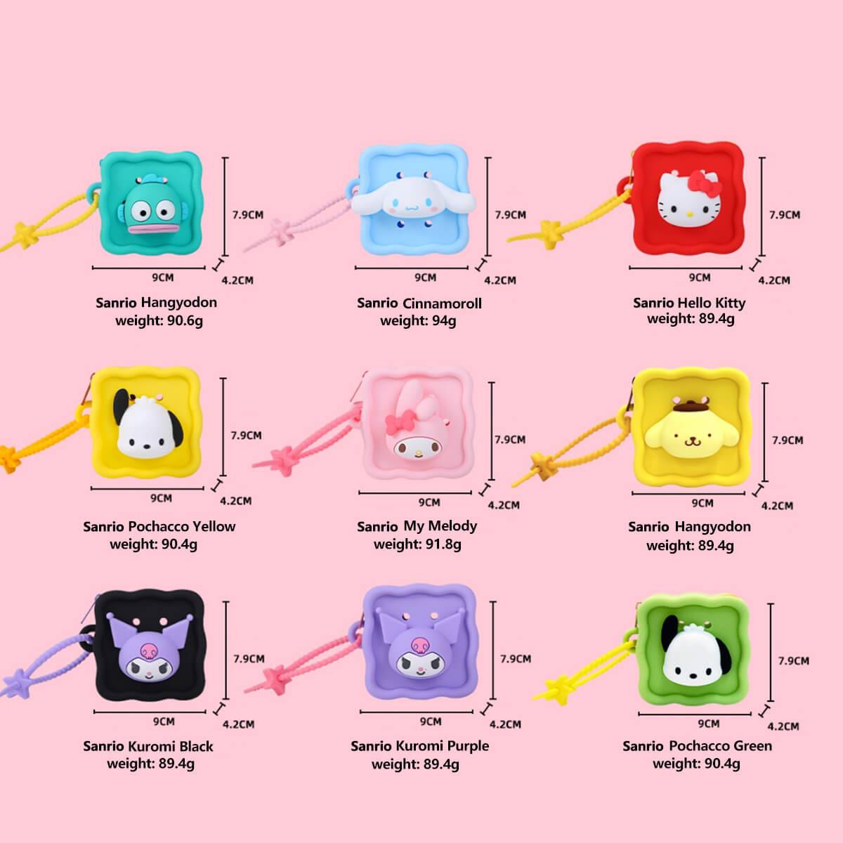 Sanrio Cartoon Silicone Mini Pouch size chart displaying various character designs and dimensions. Ideal for selecting the perfect pouch for your needs.