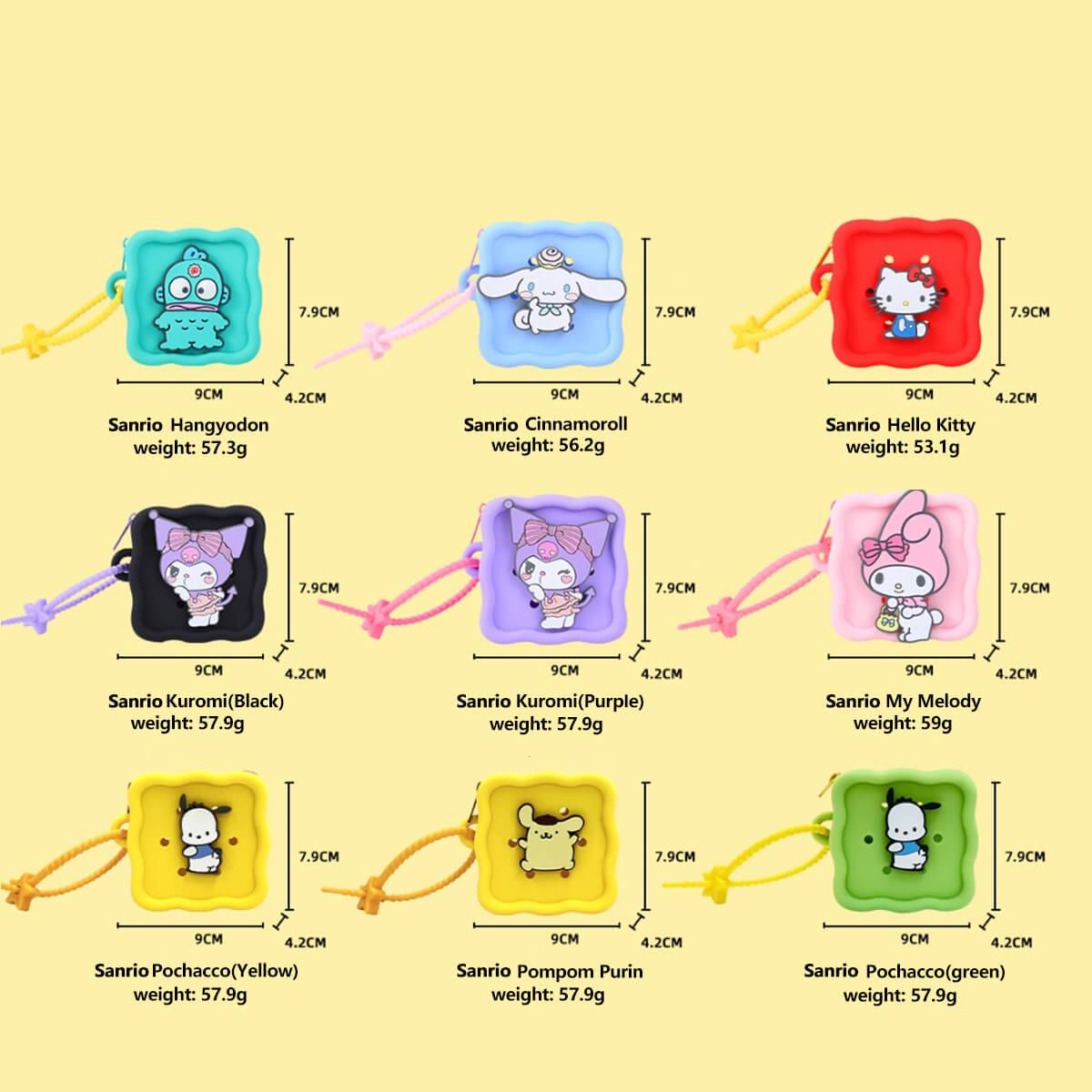 Sanrio Cartoon Silicone Mini Pouch weight chart showcasing different character designs and their respective weights. Great for choosing a lightweight storage option.