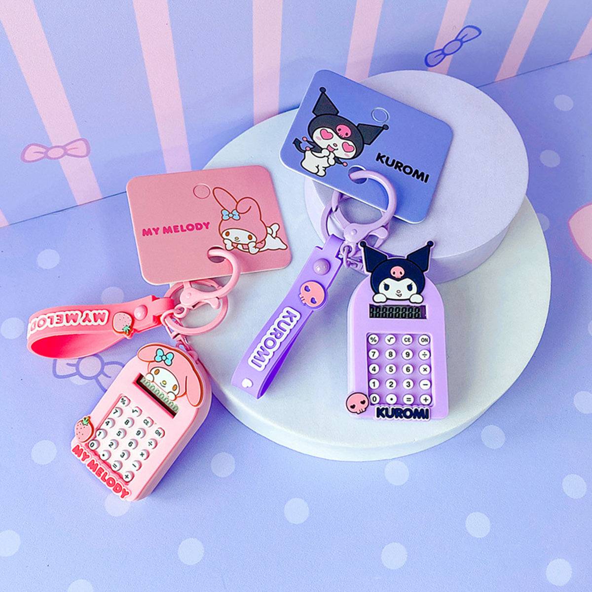 Kuromi and My Melody Sanrio Characters Cute Cartoon Calculator Keychains with pastel-colored designs and keychain loops.