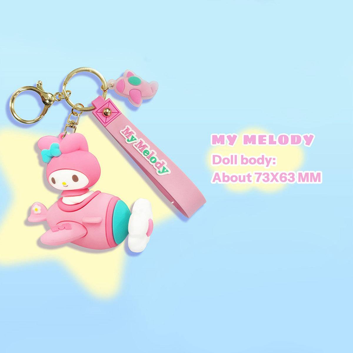 My Melody Airplane Keychain in pink with a matching wrist strap and keyring. A cute and functional accessory for Sanrio fans.