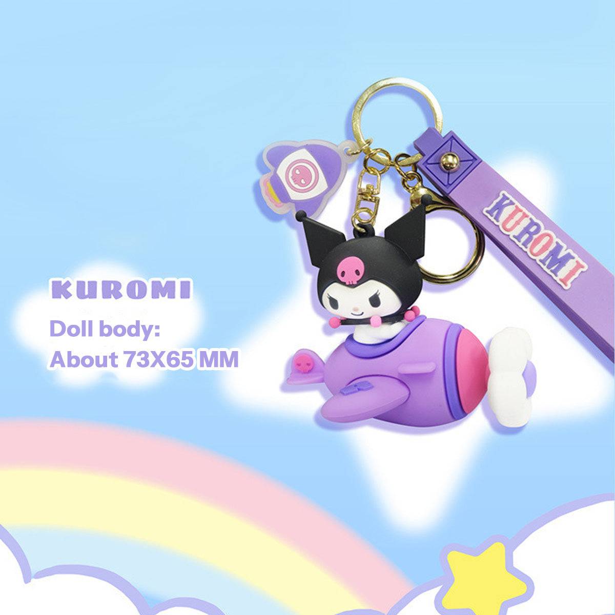 Kuromi Airplane Keychain in purple with a matching wrist strap and keyring. A stylish and playful collectible for Sanrio lovers.