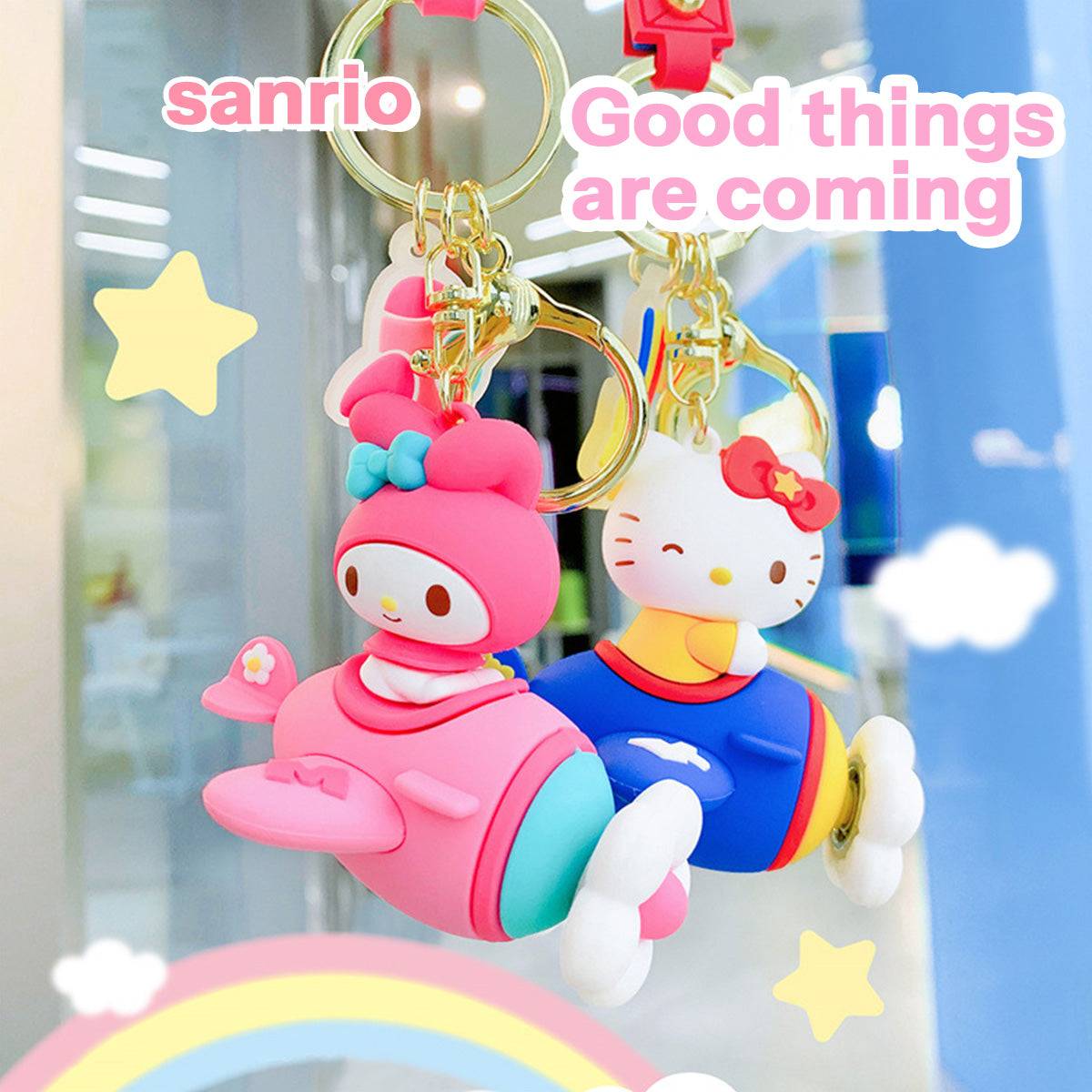 Sanrio Airplane Keychains featuring My Melody and Hello Kitty with adorable designs. A fun and collectible accessory for fans.