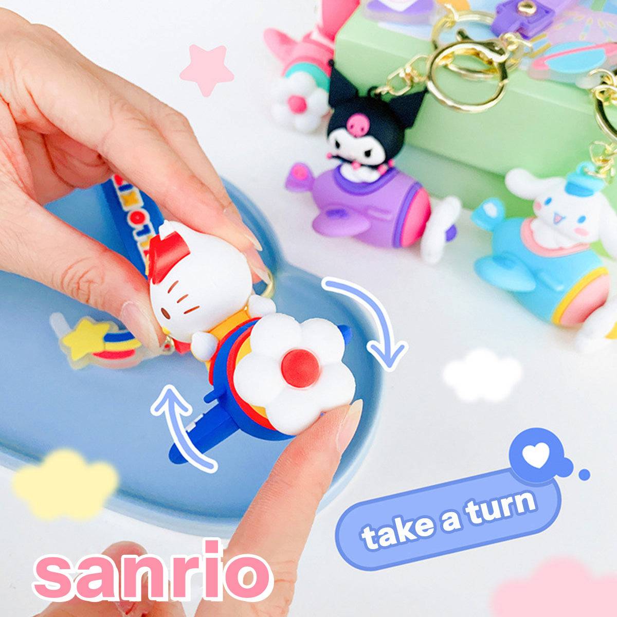 Sanrio Airplane Keychain with a rotating propeller, featuring Hello Kitty. A fun and interactive accessory for Sanrio enthusiasts.