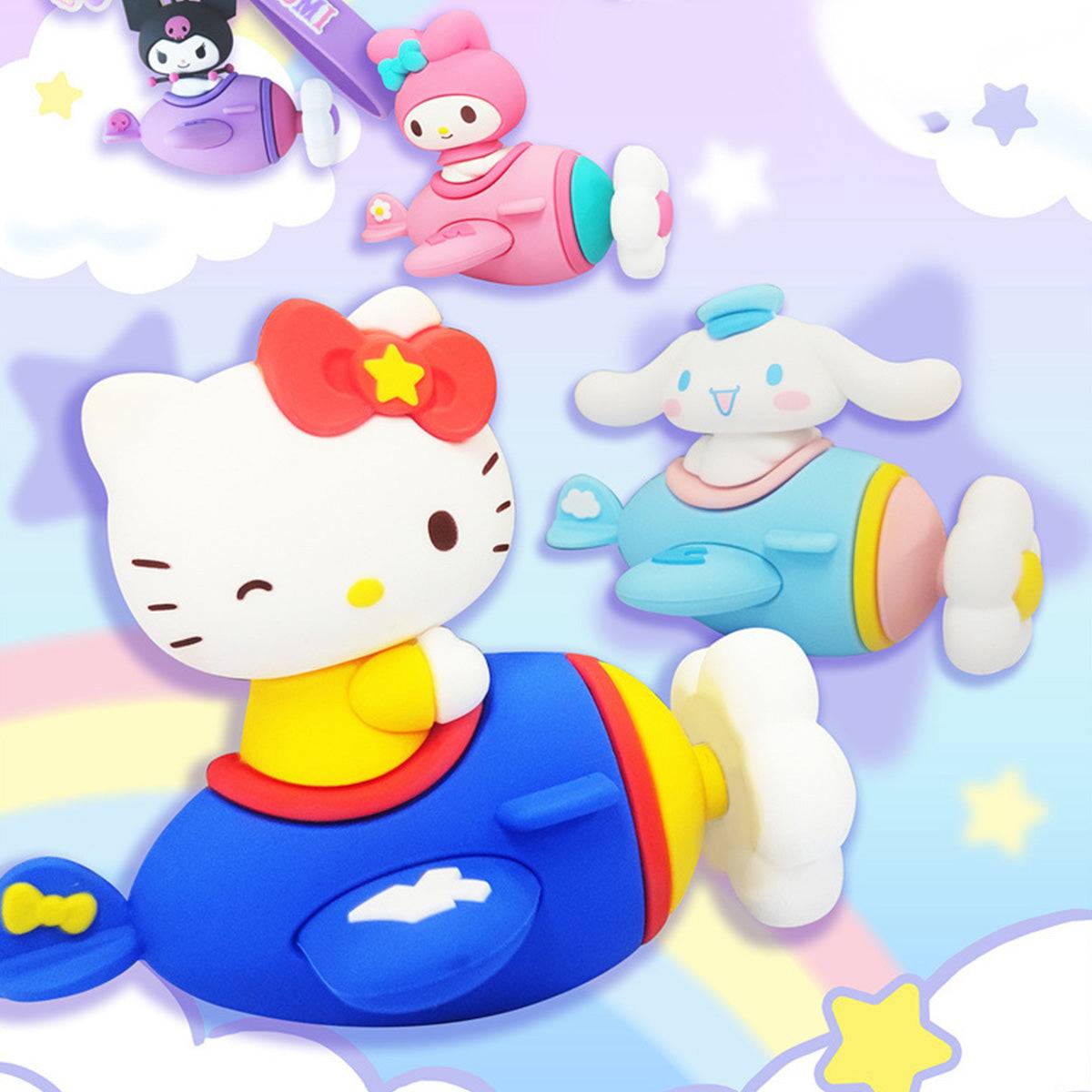 Hello Kitty Airplane Keychain in a close-up view, showcasing its vibrant blue and yellow design. A cute and collectible Sanrio accessory.