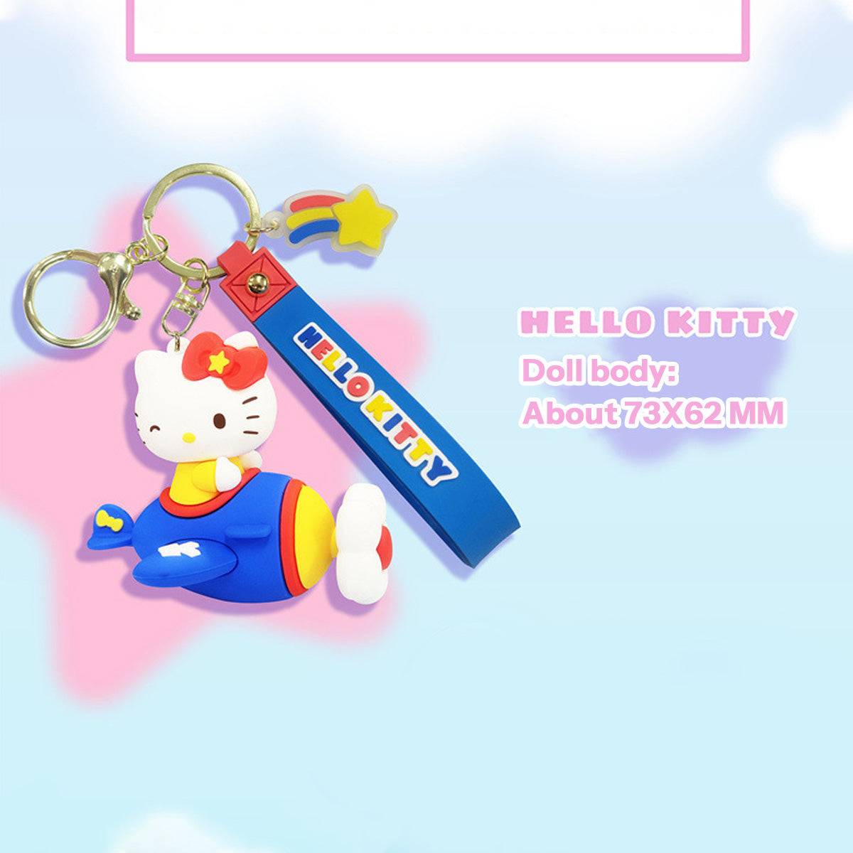 Hello Kitty Airplane Keychain with a blue and yellow design, featuring a wrist strap and keyring. A perfect gift for Sanrio enthusiasts.