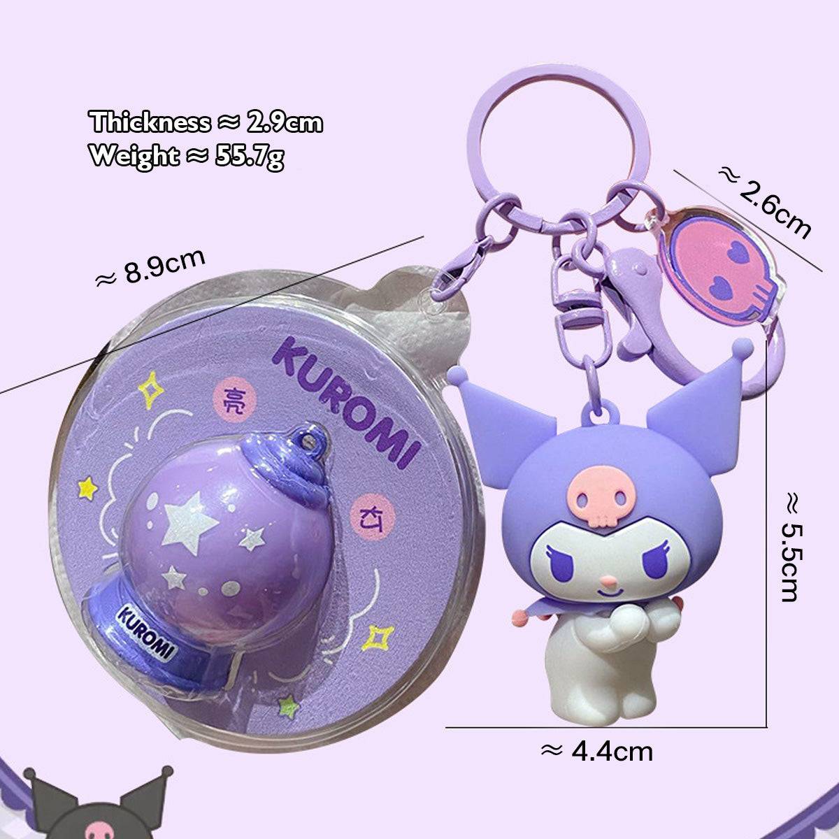 Kuromi Sanrio Characters Keychain with Night Light with size details. A compact and lightweight accessory with a glowing charm.