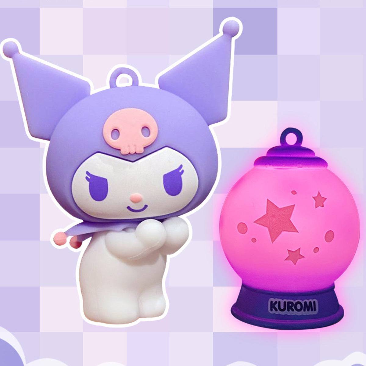 Kuromi Sanrio Characters Keychain with Night Light in pink glow. A must-have collectible for Sanrio fans and keychain enthusiasts.
