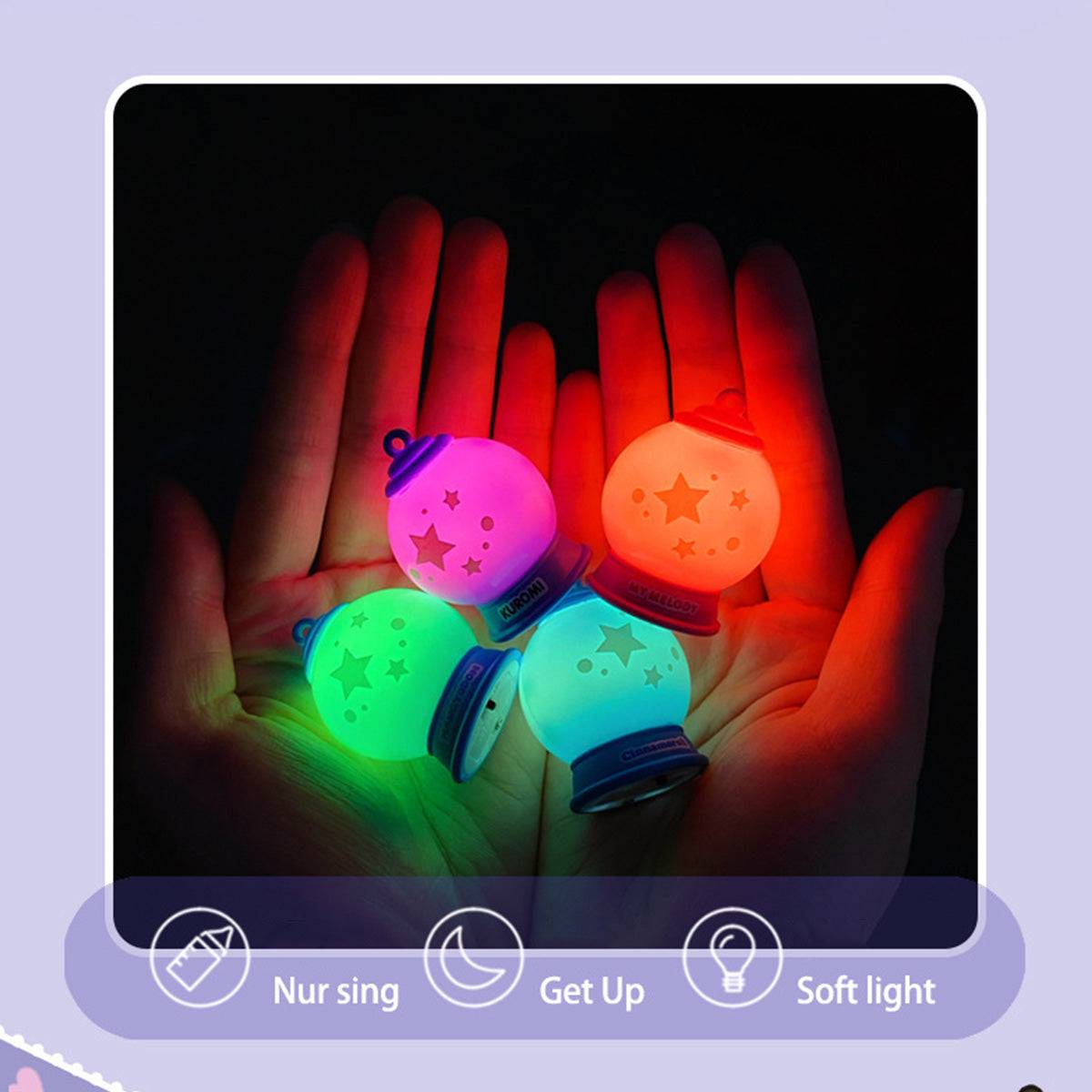 Sanrio Characters Keychain night lights glowing in different colors. Soft and colorful illumination makes them a charming collectible.