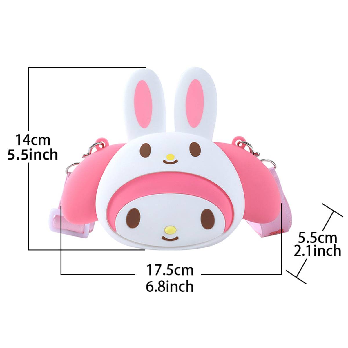 Size dimensions of the My Melody Sanrio Characters Mini Silicone Crossbody Bag. Compact and lightweight for easy carrying.
