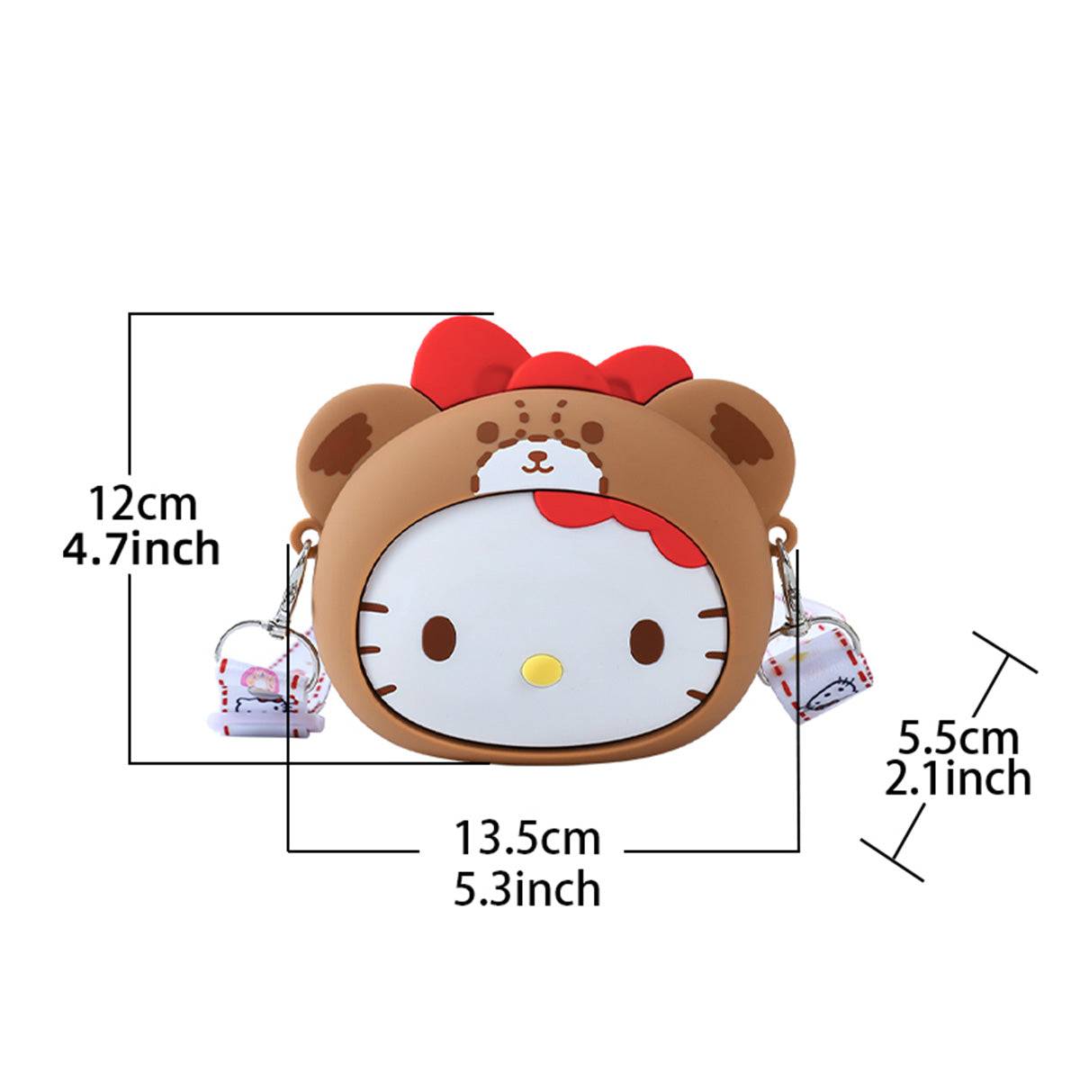 Size dimensions of the Hello Kitty bear-themed Sanrio Characters Mini Silicone Crossbody Bag. A small yet functional accessory.