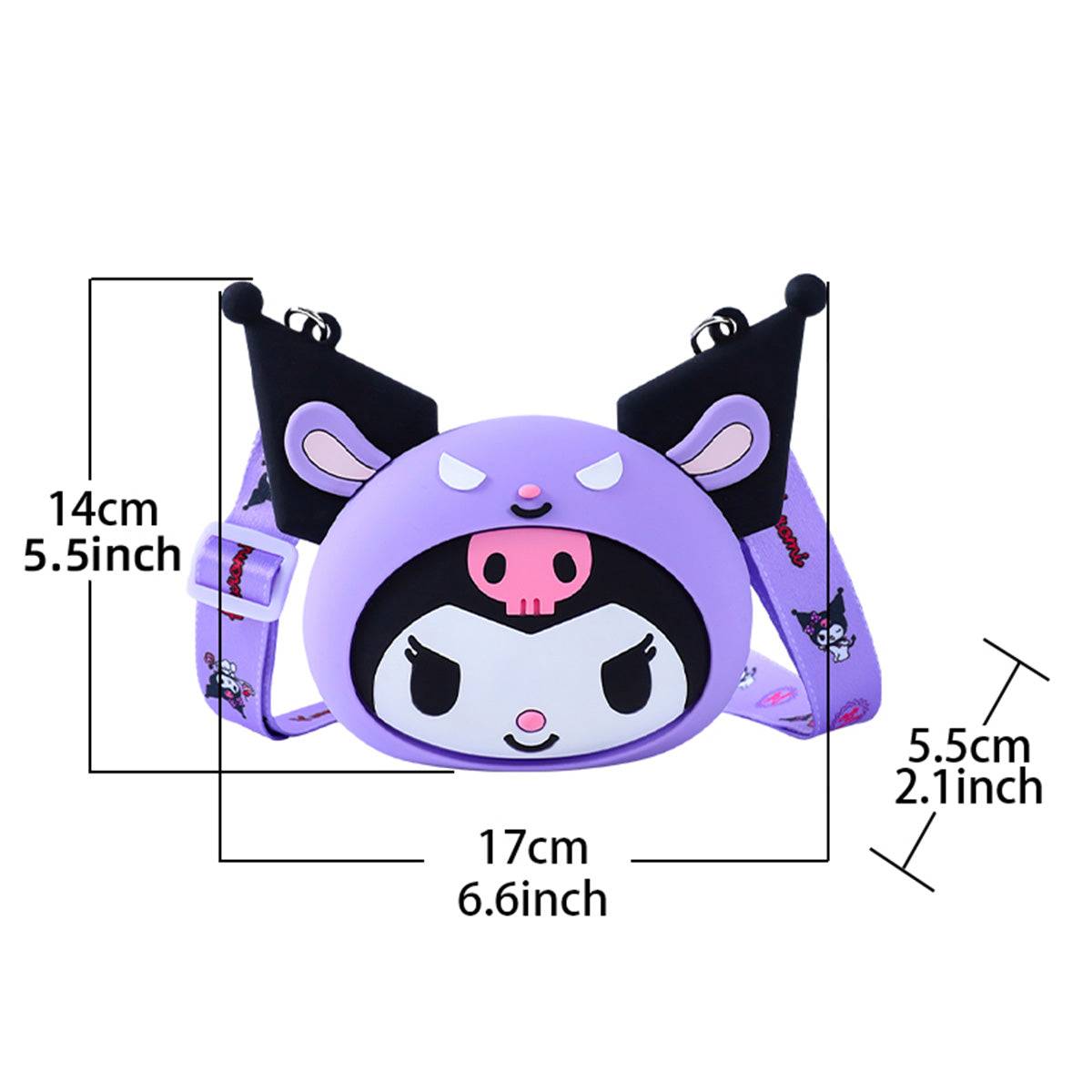 Size dimensions of the Kuromi Sanrio Characters Mini Silicone Crossbody Bag. Perfectly sized for carrying small essentials in style.