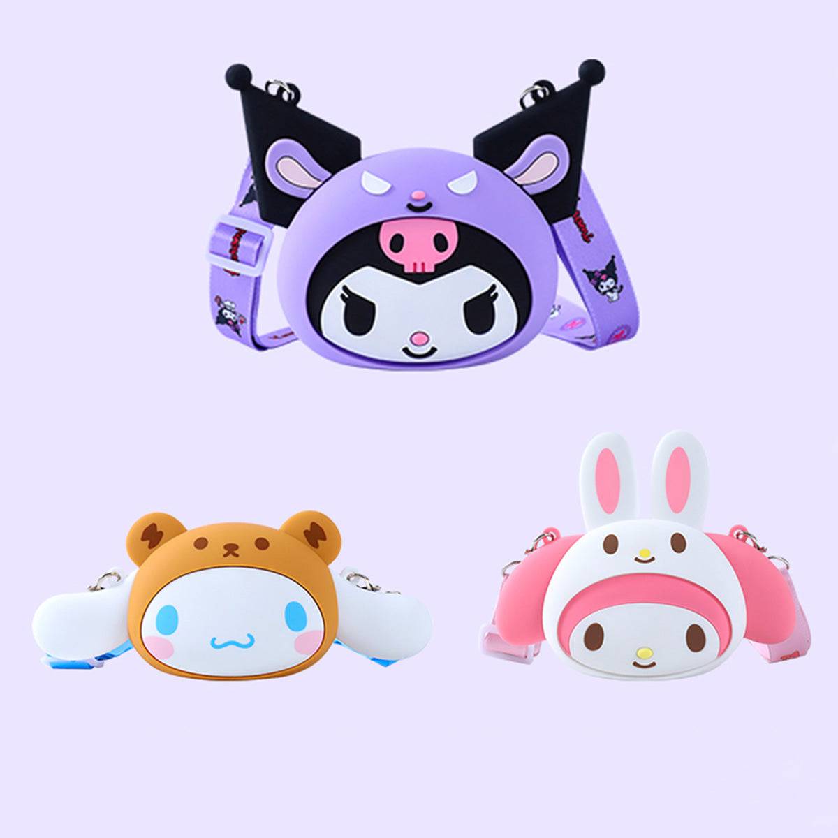 Collection of Sanrio Characters Mini Silicone Crossbody Bags featuring Kuromi, My Melody, and Cinnamoroll designs. Cute and collectible accessories.