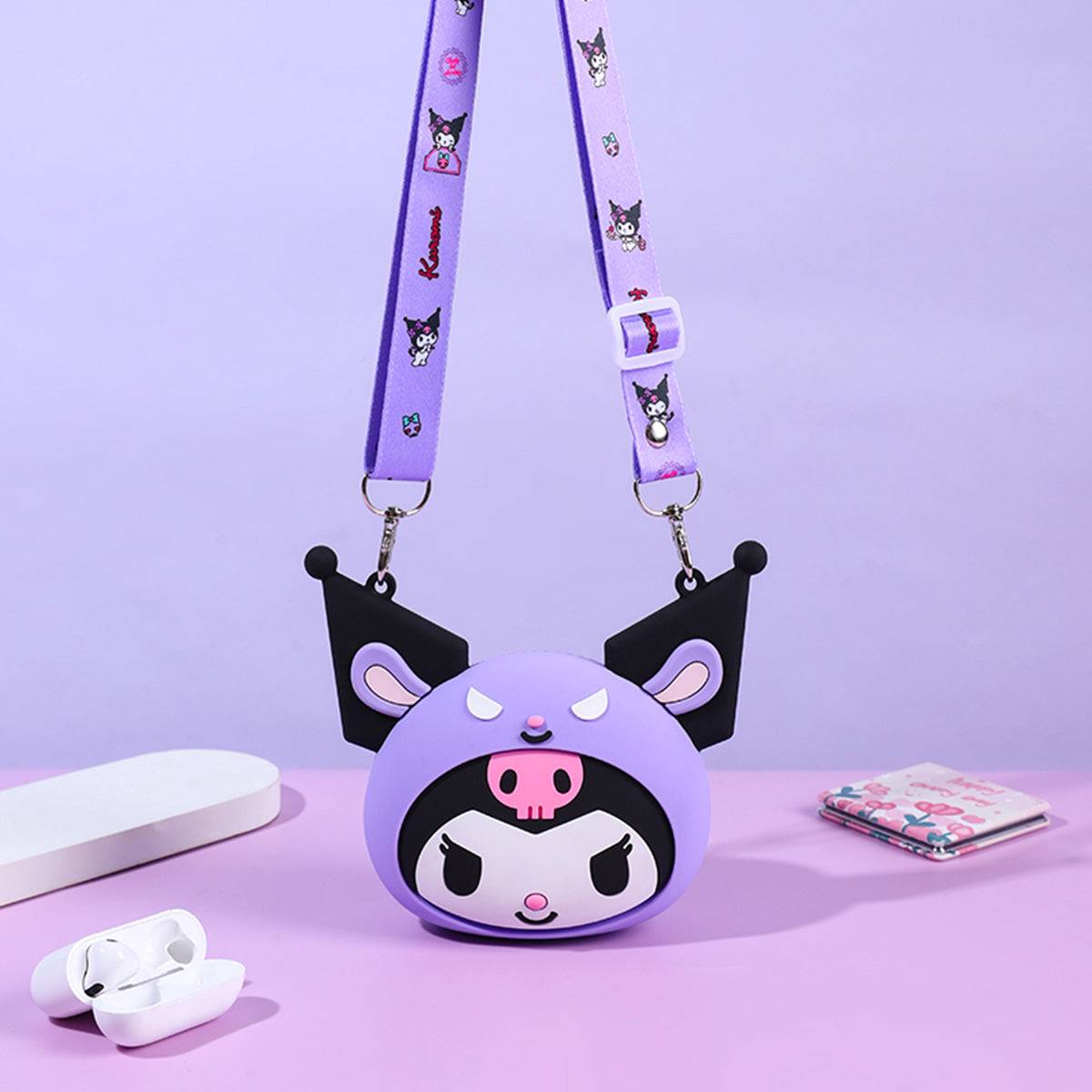 Kuromi-themed Sanrio Characters Mini Silicone Crossbody Bag with an adjustable purple strap. Perfect for everyday use or gifting.