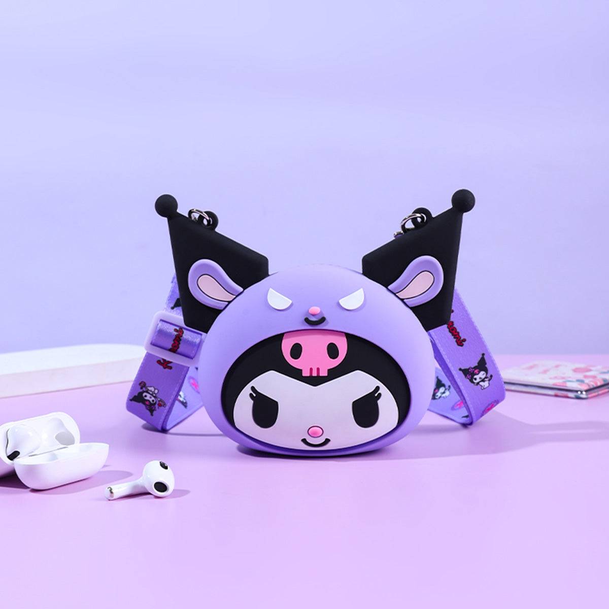 Sanrio Characters Mini Silicone Crossbody Bag with a purple Kuromi design. A fun and trendy accessory for Sanrio lovers.