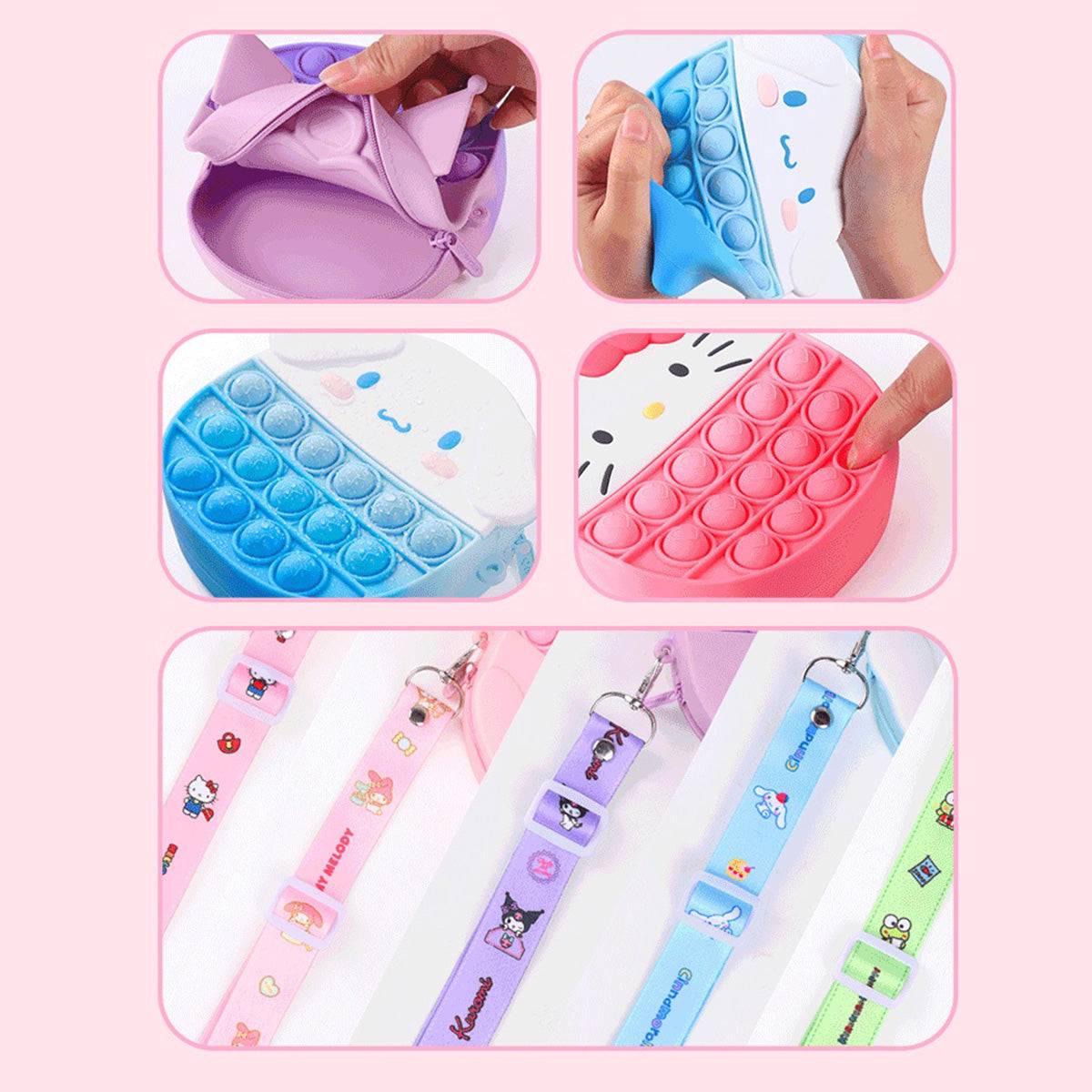 Close-up of Sanrio Characters Pop It Bags showcasing soft silicone material, zippered storage, and adjustable straps. A fun and practical accessory.