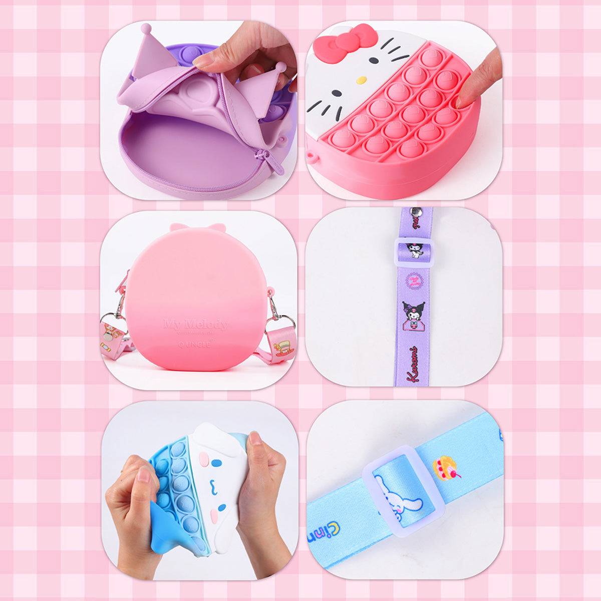 Detailed view of Sanrio Characters Pop It Bags, highlighting soft silicone texture, zippered compartments, and adjustable character-themed straps.