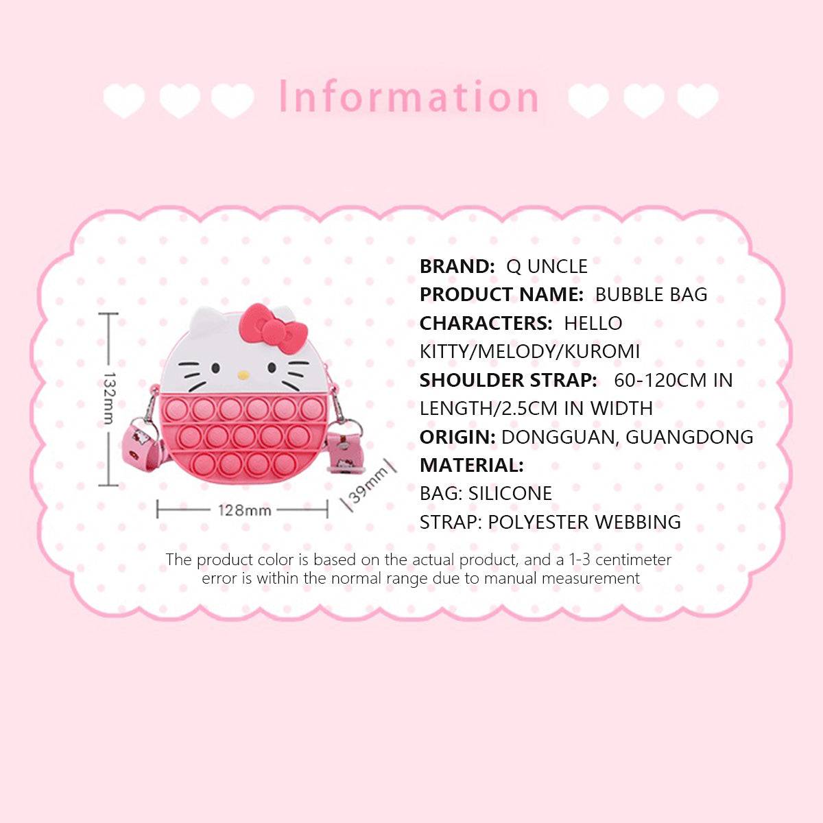 Product information for Hello Kitty-themed Sanrio Characters Pop It Bag, detailing materials, dimensions, and adjustable strap length.