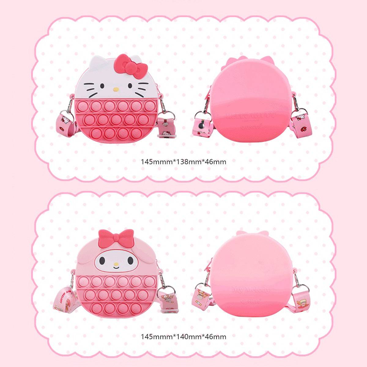 Front and back views of Hello Kitty and My Melody-themed Sanrio Characters Pop It Bags, showcasing their adorable designs and storage capacity.