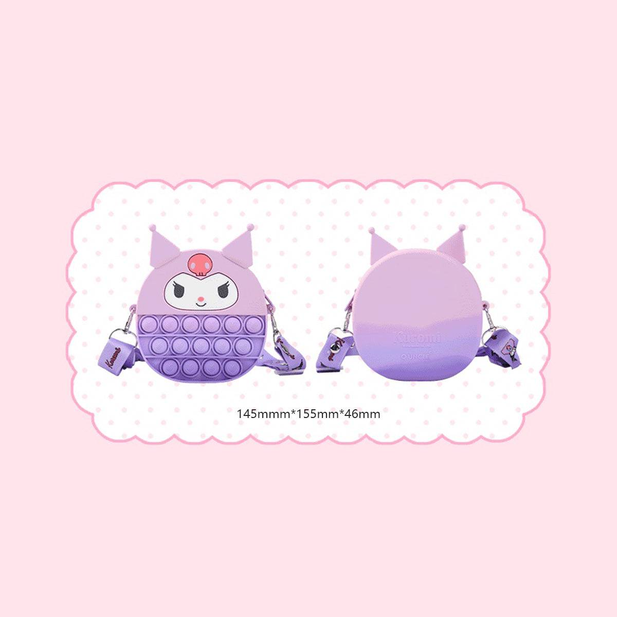 Front and back views of Kuromi-themed Sanrio Characters Pop It Bag, highlighting its playful design, soft silicone material, and adjustable strap.