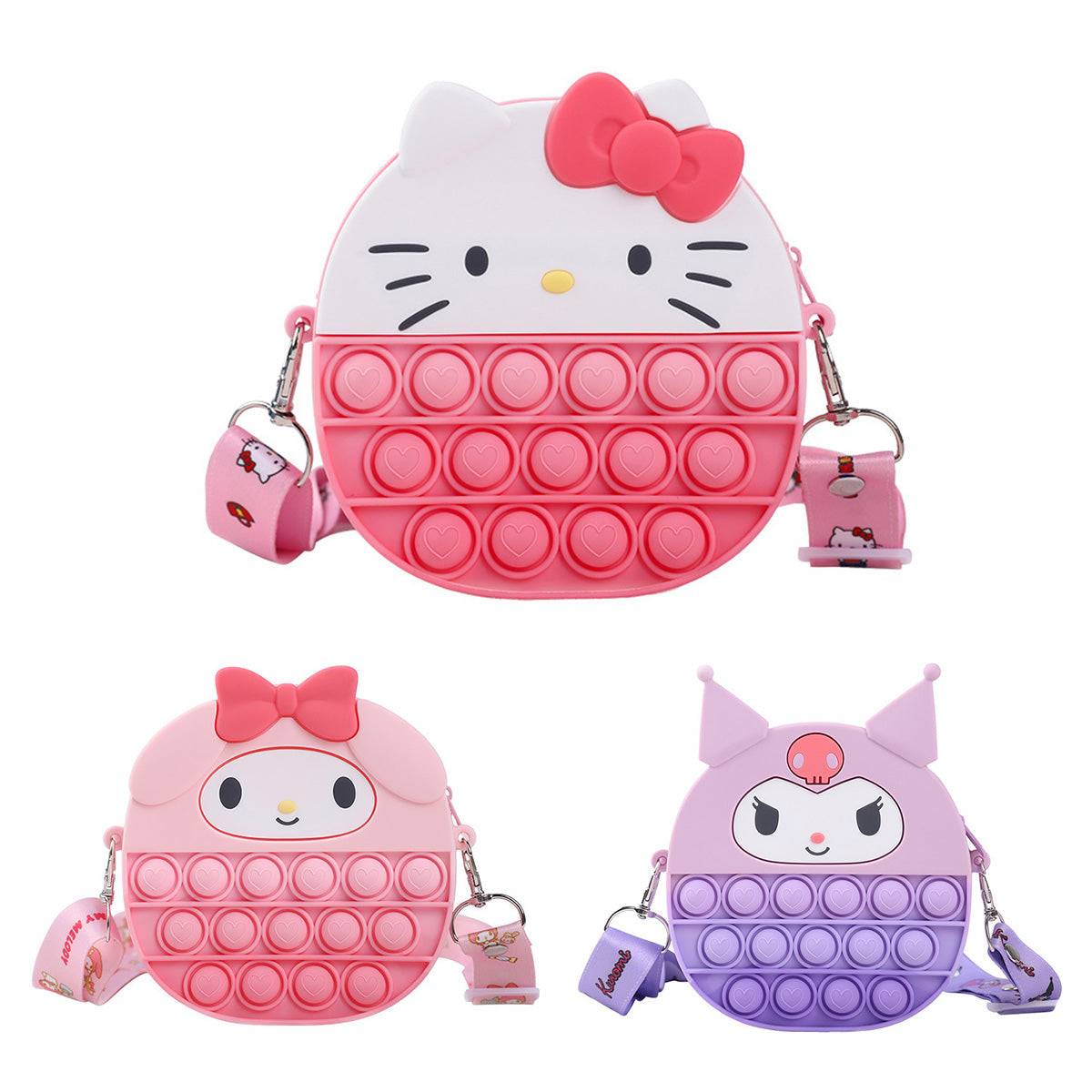 Set of three Sanrio Characters Pop It Bags featuring Hello Kitty, My Melody, and Kuromi designs. Stylish, functional, and perfect for fidgeting fun.