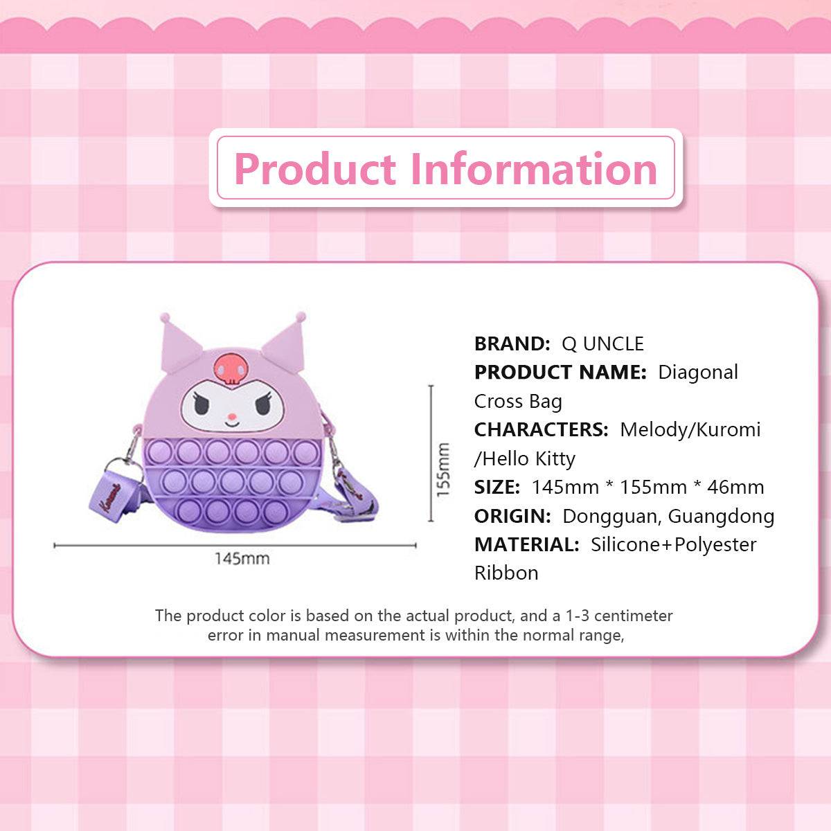 Product details for Kuromi-themed Sanrio Characters Pop It Bag, including size, materials, and origin. A stylish and functional fidget toy accessory.