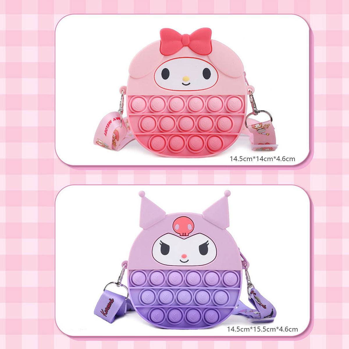 Size comparison of My Melody and Kuromi-themed Sanrio Characters Pop It Bags, showing dimensions and compact design for easy carrying.