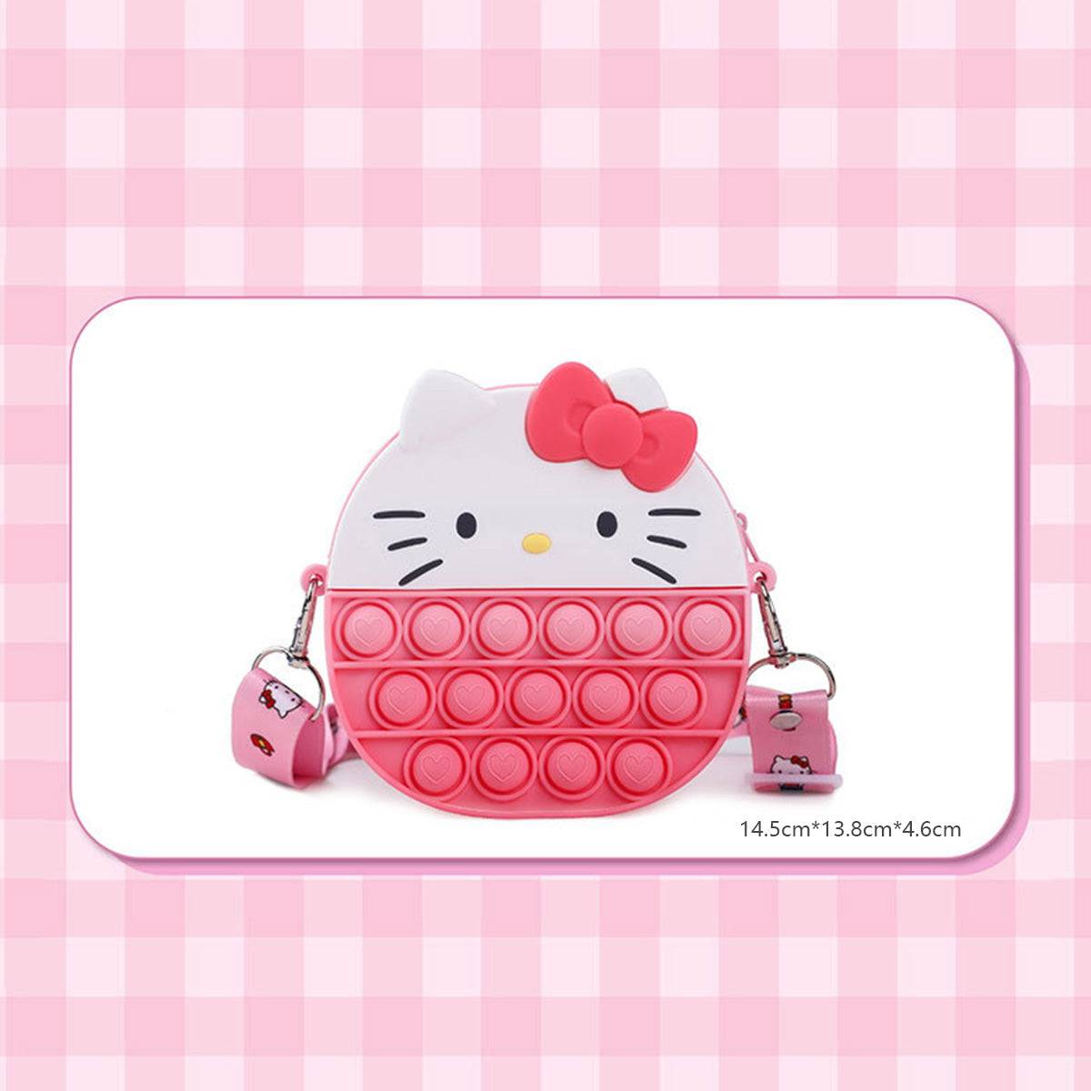 Hello Kitty-themed Sanrio Characters Pop It Bag with dimensions displayed, featuring a cute design and functional pop bubble surface.
