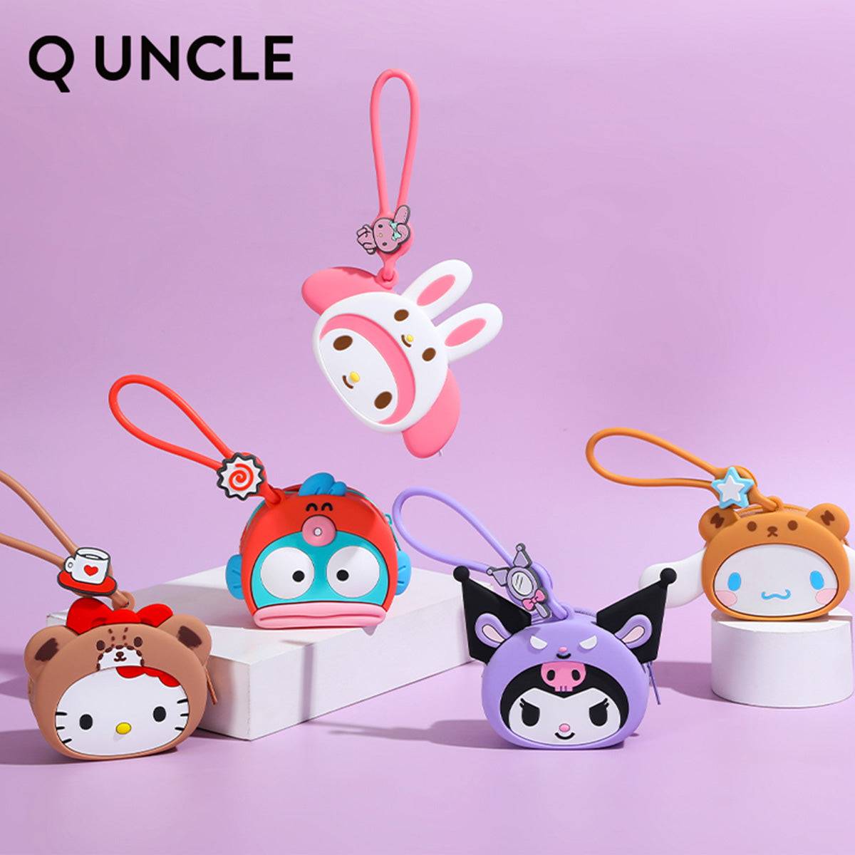Set of five Sanrio-themed silicone coin purses featuring Kuromi, My Melody, Hello Kitty, and more. A fun and collectible gift set.