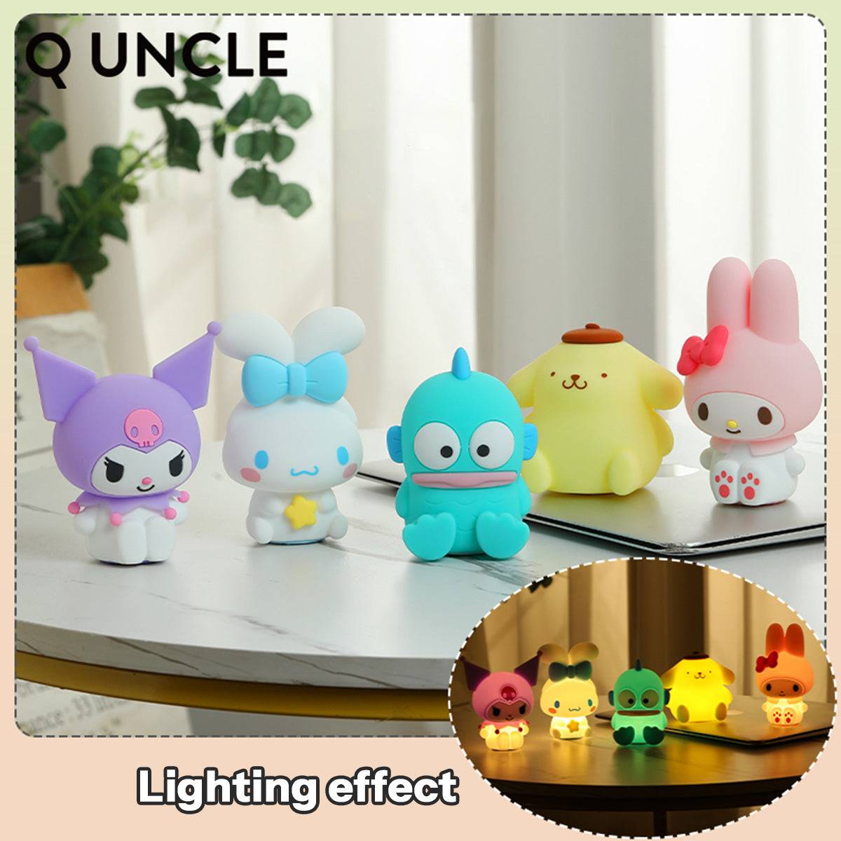 Set of Sanrio Cute Anime Night Lights with various characters, including Kuromi, Cinnamoroll, and My Melody. Soft glow for a warm ambiance.