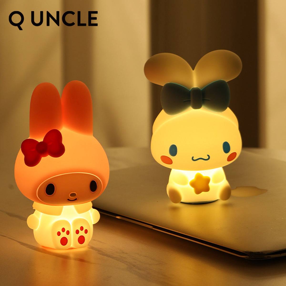 Sanrio Cute Anime Night Lights glowing in the dark, featuring My Melody and Cinnamoroll. Perfect for a warm and cozy atmosphere.