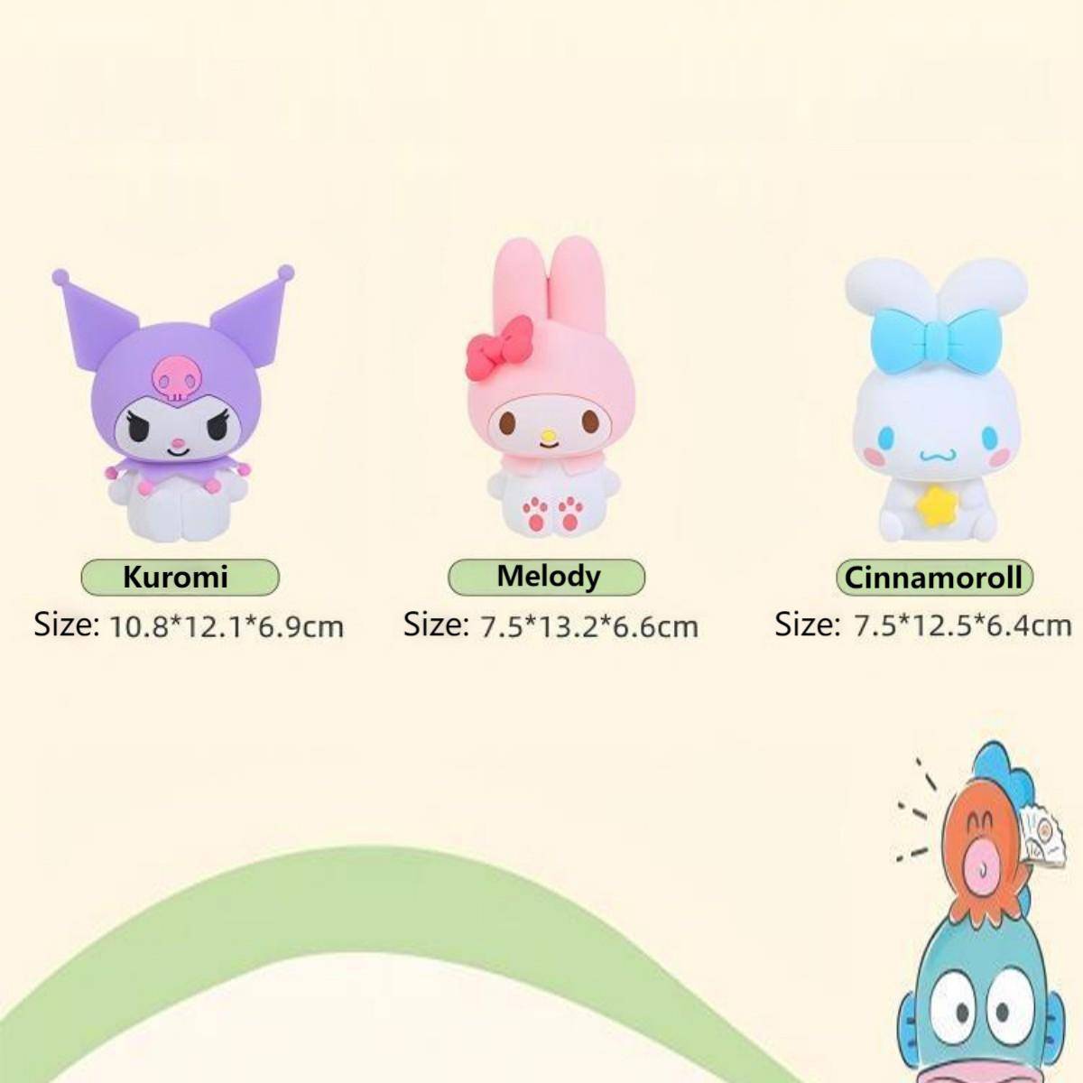 Sanrio Cute Anime Night Lights size chart featuring Kuromi, My Melody, and Cinnamoroll. Ideal for selecting the perfect night light.